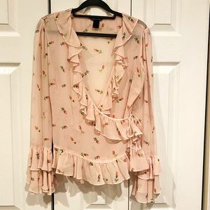 Pink, floral, sheet wrap top with ruffles